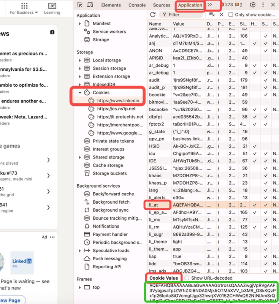 Screenshot showing how to find the li_at cookie in Chrome Developer Tools