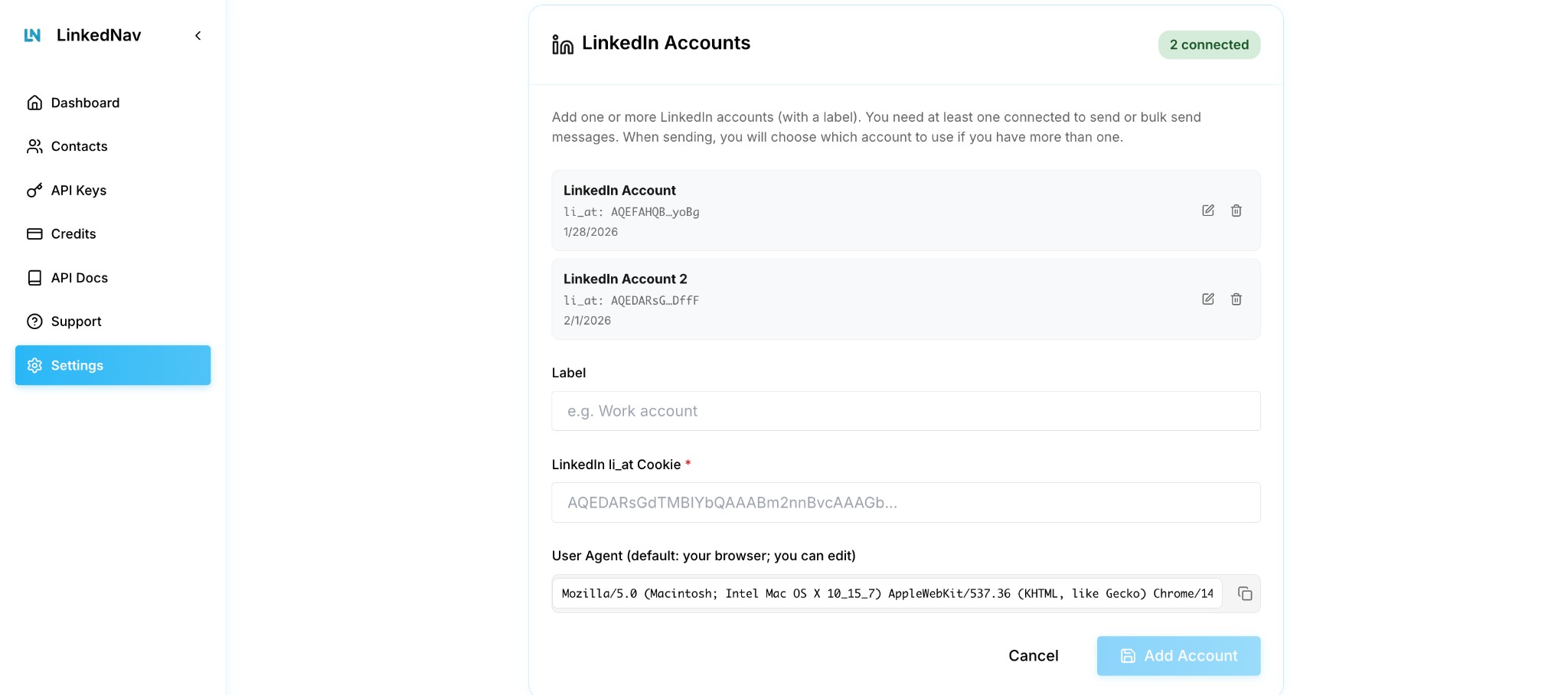 Screenshot of Icebreakly Settings page showing where to enter LinkedIn credentials