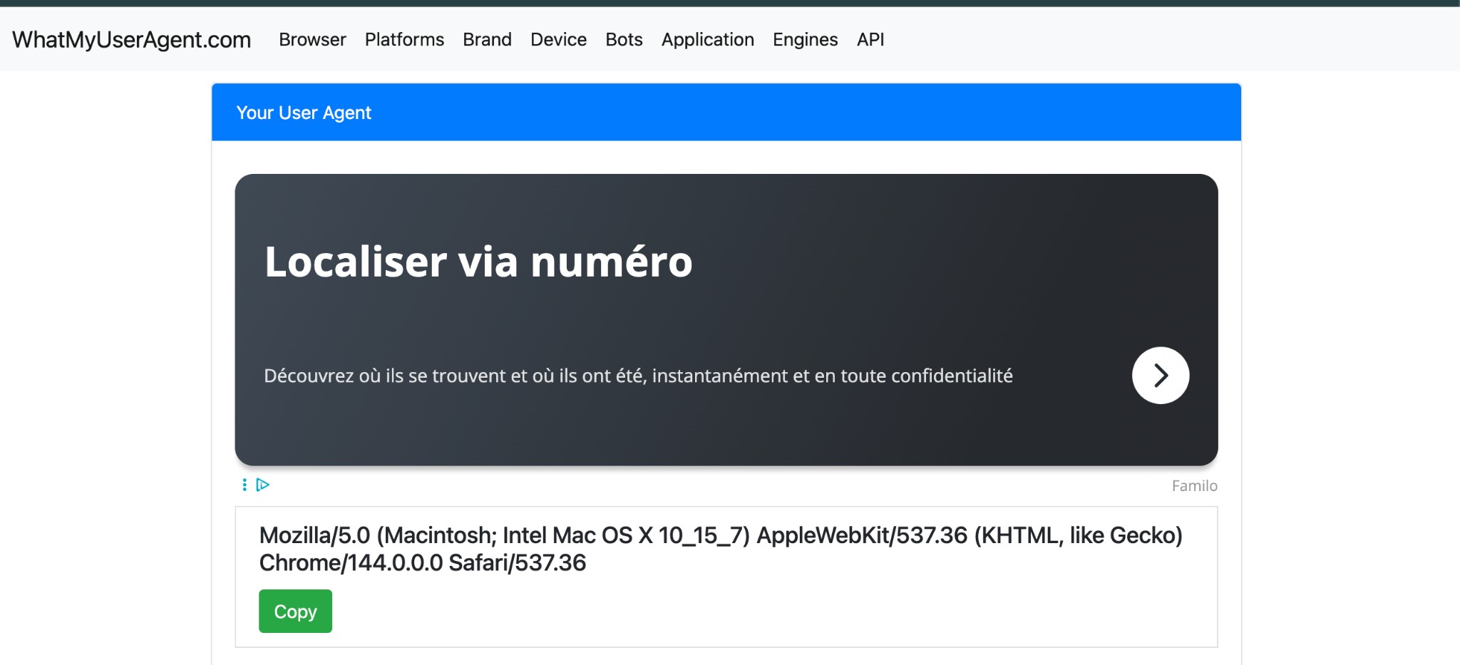 Screenshot of WhatMyUserAgent.com showing the User Agent string